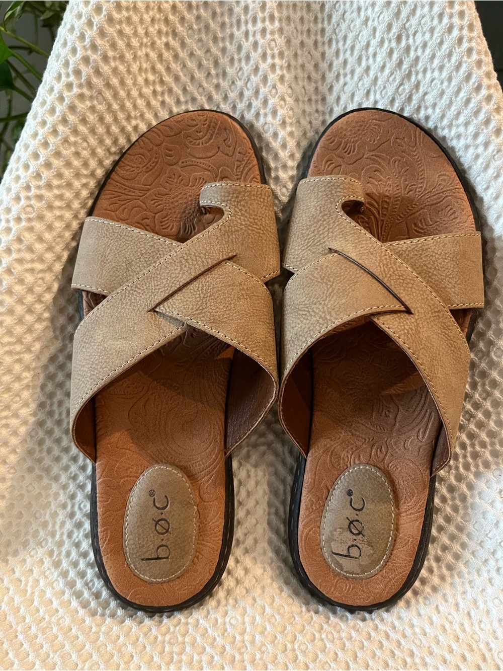 Women's Tan Cross-Strap Slide Sandals